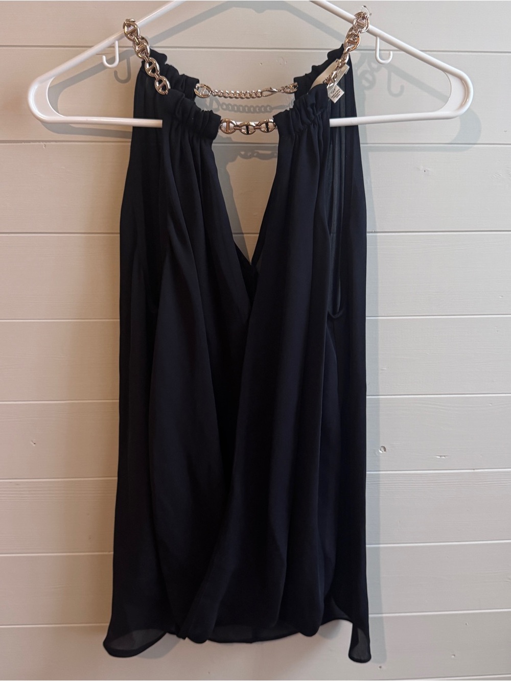 L’AGENCE 100% Silk Black Halter Top Gold Tone Chain Neckline XS